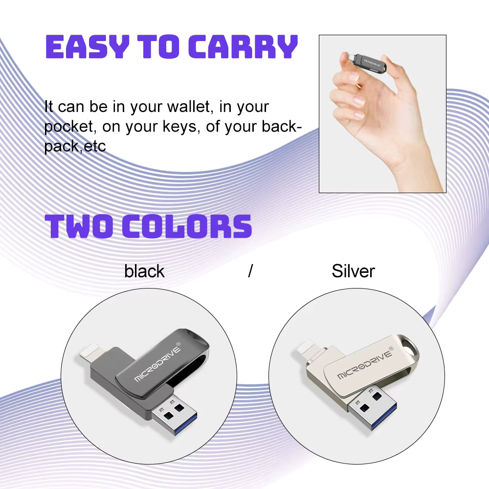 Memoria para iPhone y iPad, 2 en 1 (Lightning + USB 3.0 / 128GB y 512GB)