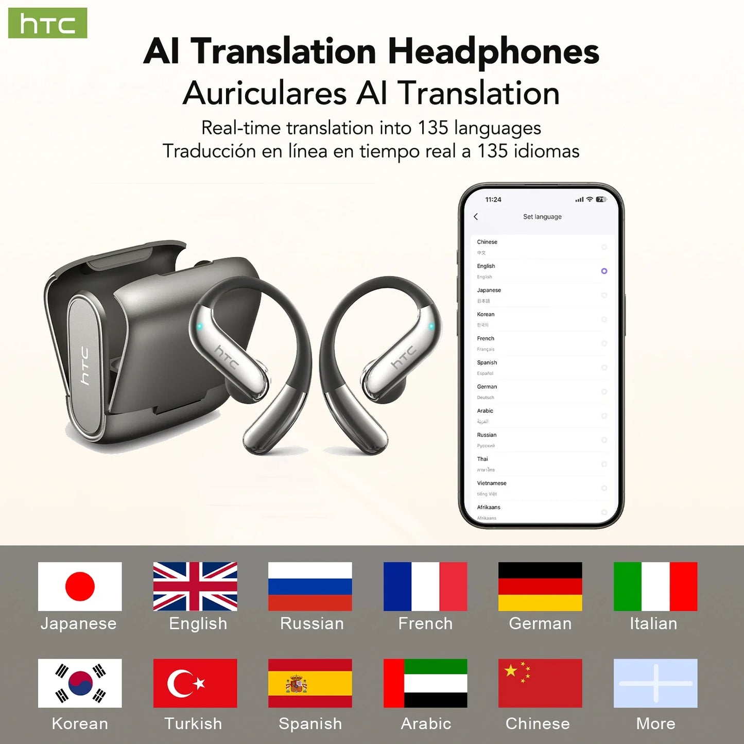 Audífonos HTC NE23 con Traductor IA (Hasta 134 Idiomas)
