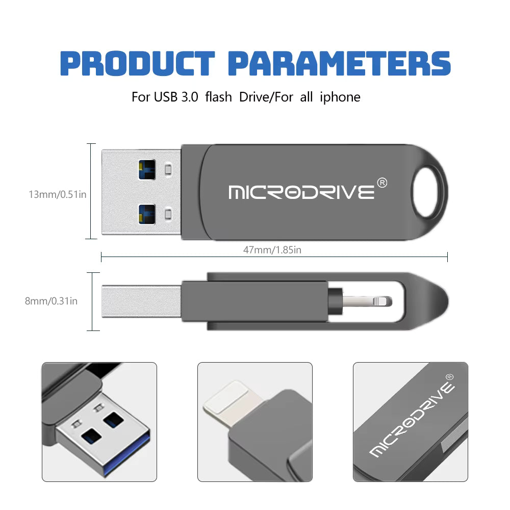 Memoria para iPhone y iPad, 2 en 1 (Lightning + USB 3.0 / 128GB y 512GB)